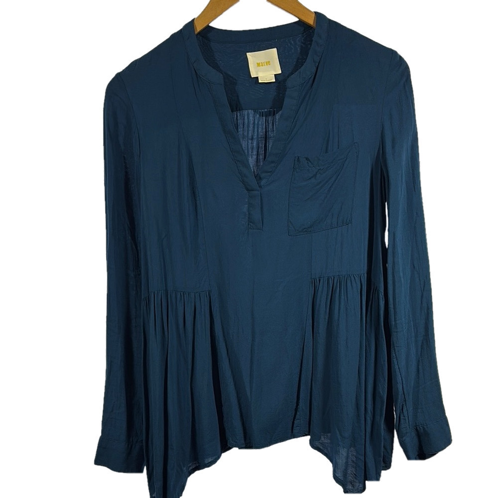 Maeve Blue Long Sleeve Mandarin Collar Blouse